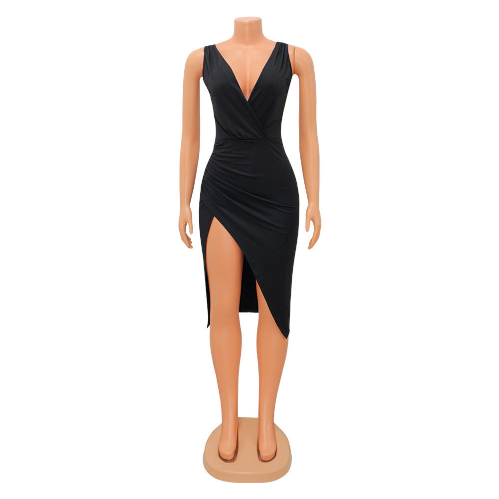 Women's V-Neck Solid Color Irregular Dress