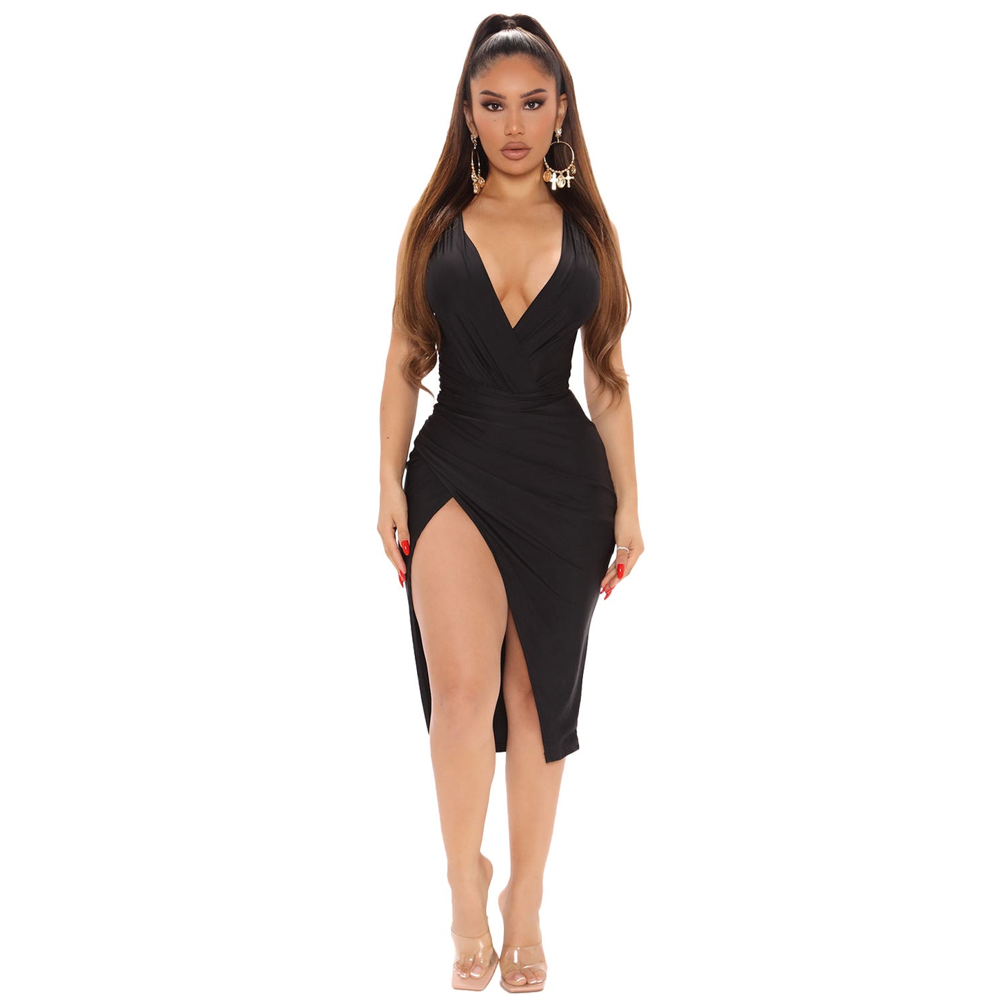 Women's V-Neck Solid Color Irregular Dress