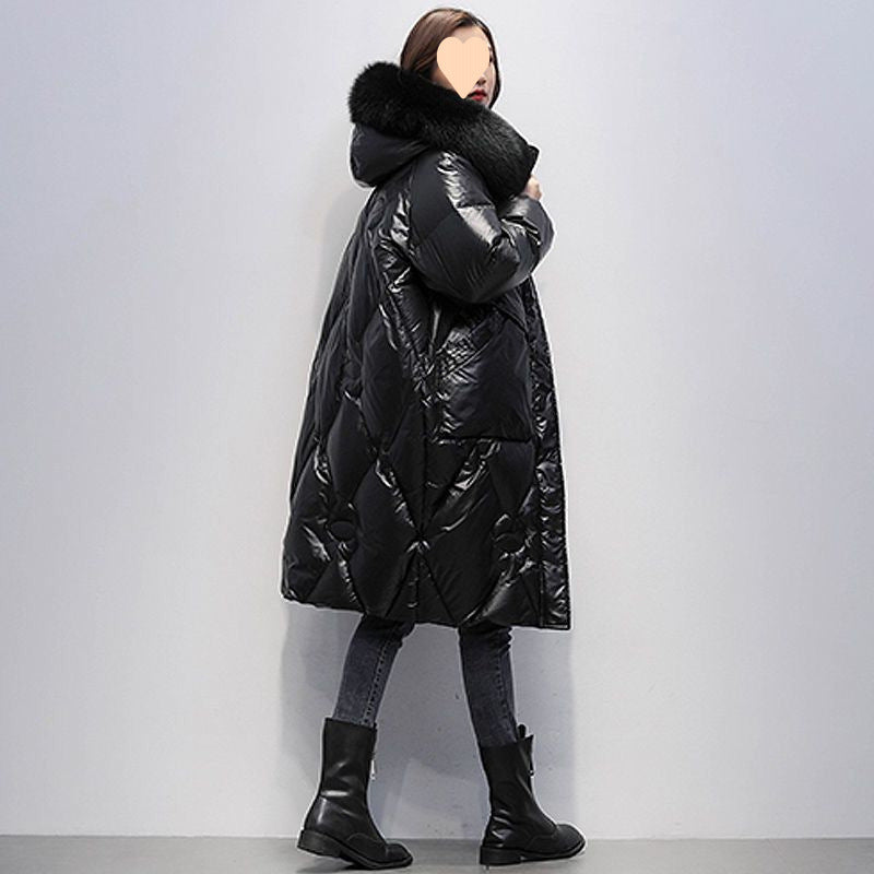 Korean Style Loose Plus Size Thickened Padded Jacket Women's Hooded Large Fur Collar