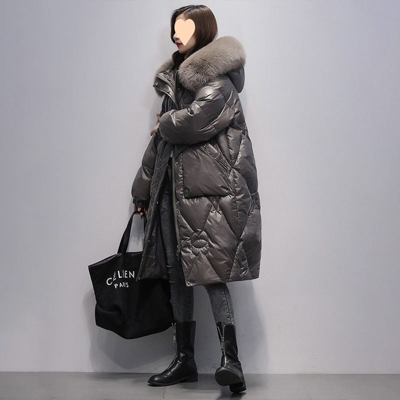 Korean Style Loose Plus Size Thickened Padded Jacket Women's Hooded Large Fur Collar