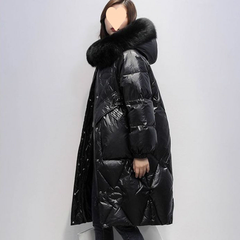 Korean Style Loose Plus Size Thickened Padded Jacket Women's Hooded Large Fur Collar